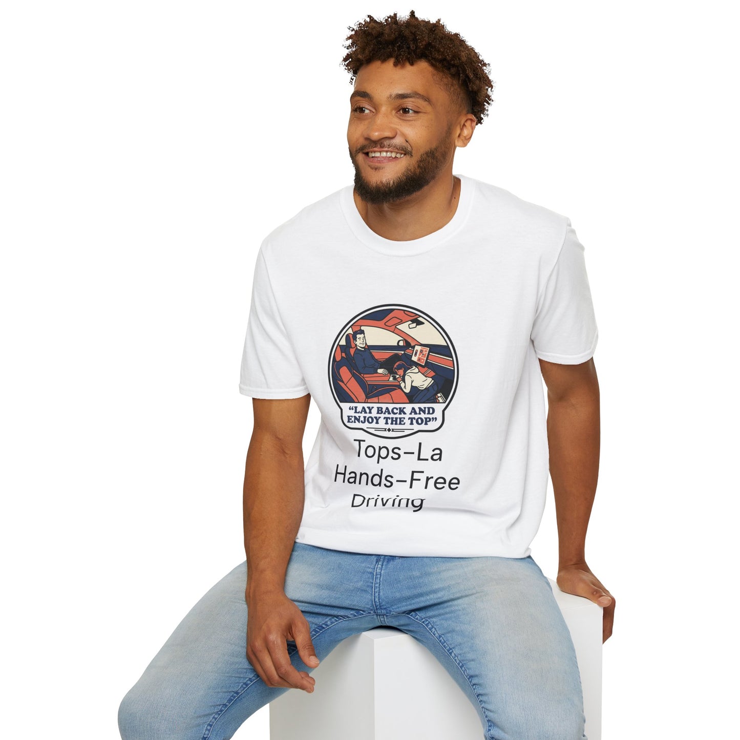Hands-Free Driving T-Shirt — "Lay Back and Enjoy the Top" Retro Car Graphic