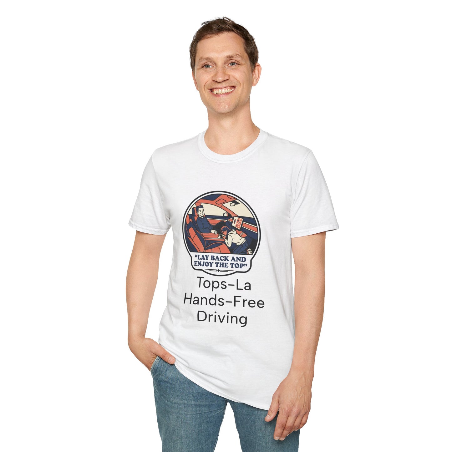 Hands-Free Driving T-Shirt — "Lay Back and Enjoy the Top" Retro Car Graphic